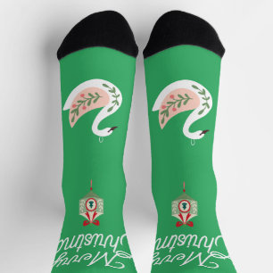 Beautiful folk art of Christmas Swan Green White Socks