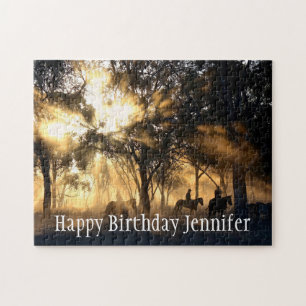 Beautiful Forest Sun Riding Horses Custom Name  Jigsaw Puzzle