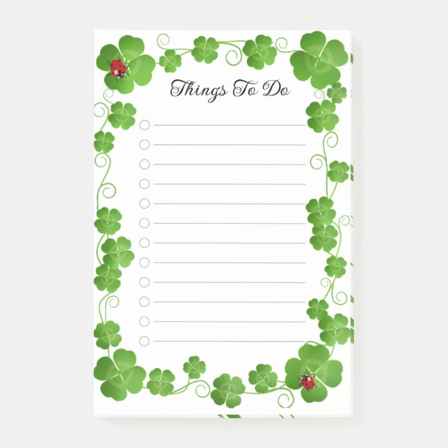 Beautiful Four-Leaf Clovers & Ladybugs Lined Post-it Notes (Front)