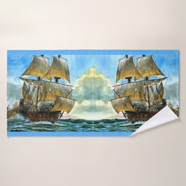 beautiful four-masted ship print bath towel set (Bath Towel)