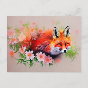 Beautiful Fox in Flowers Watercolor Postcard