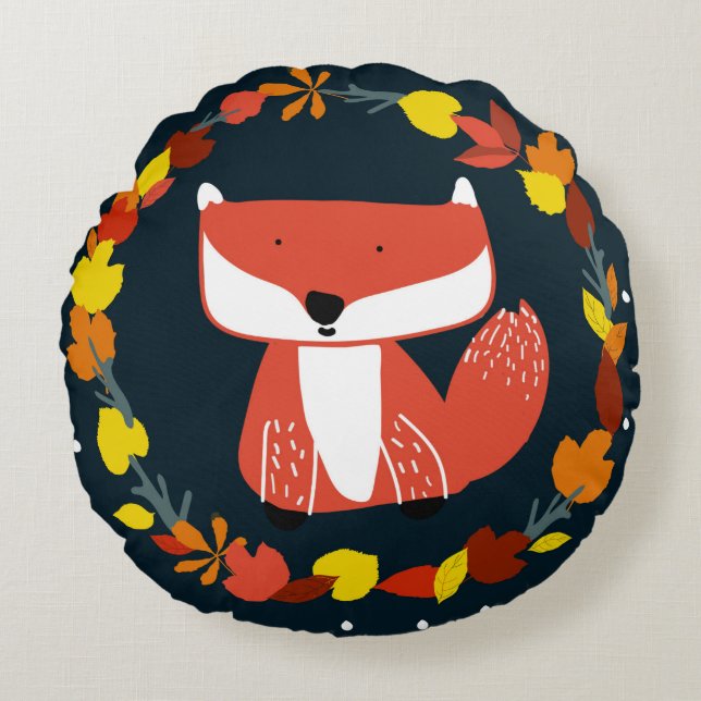 Beautiful fox in winter forest pattern round cushion (Front)