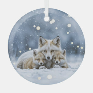 Beautiful Foxes in Snow Christmas Glass Tree Decoration