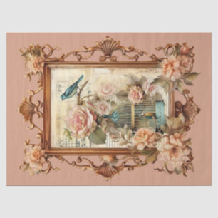 Beautiful Framed Floral Bird & Cage Decoupage Tissue Paper