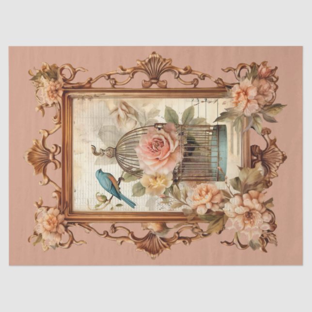 Beautiful Framed Floral Bird & Cage Decoupage  Tissue Paper (Front)