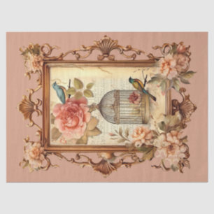 Beautiful Framed Floral Bird & Cage Decoupage  Tissue Paper