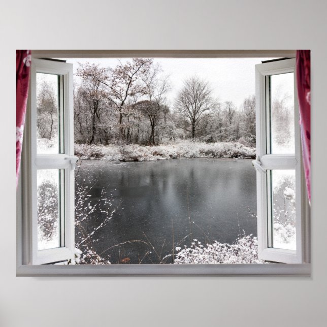 Beautiful frozen lake scene through an open window poster (Front)