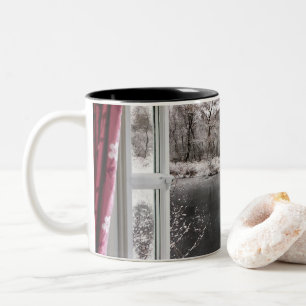 Beautiful frozen lake scene through an open window Two-Tone coffee mug