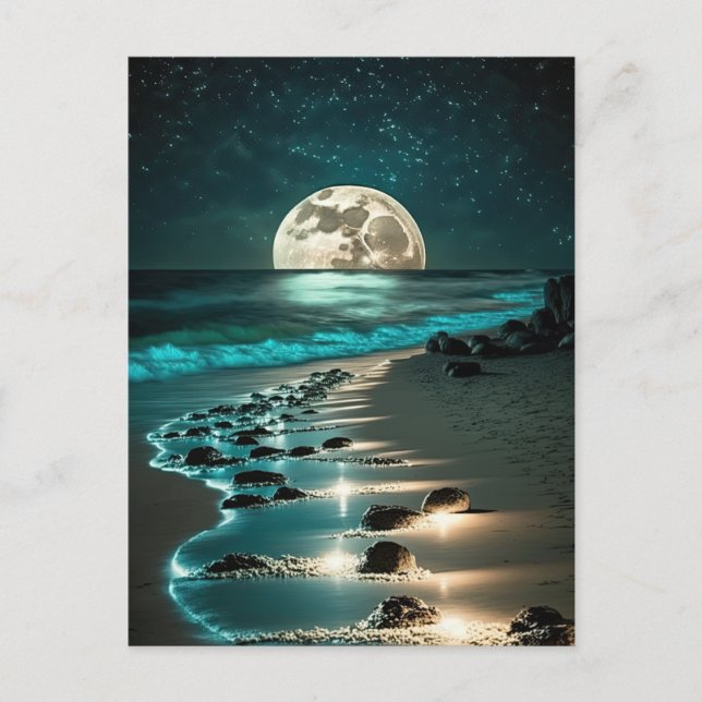 Beautiful Full Moon Beach Ocean Starry Night Postcard (Front)