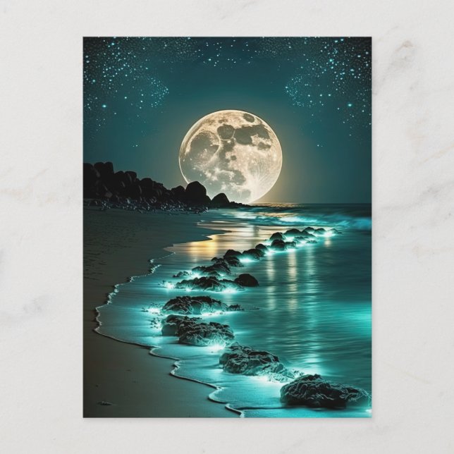 Beautiful Full Moon Beach Ocean Starry Night Postcard (Front)