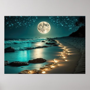 Beautiful Full Moon Beach Ocean Starry Night Poster