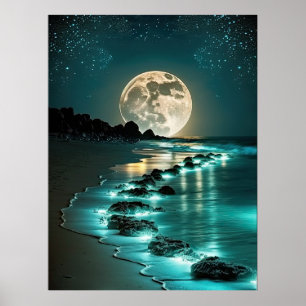 Beautiful Full Moon Beach Ocean Starry Night Poster