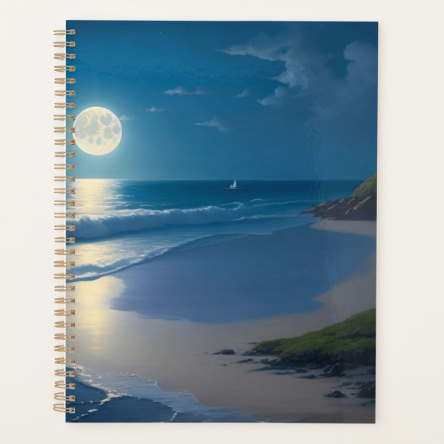 Beautiful Full Moon Ocean Art    Planner (Front)