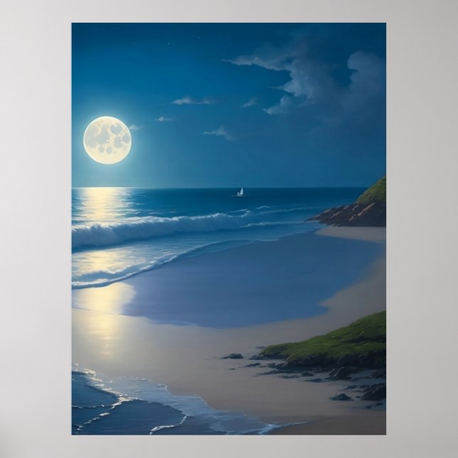 Beautiful Full Moon Ocean Art    Poster (Front)