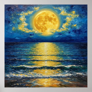 Beautiful Full Moon Reflecting on Ocean Waves Poster