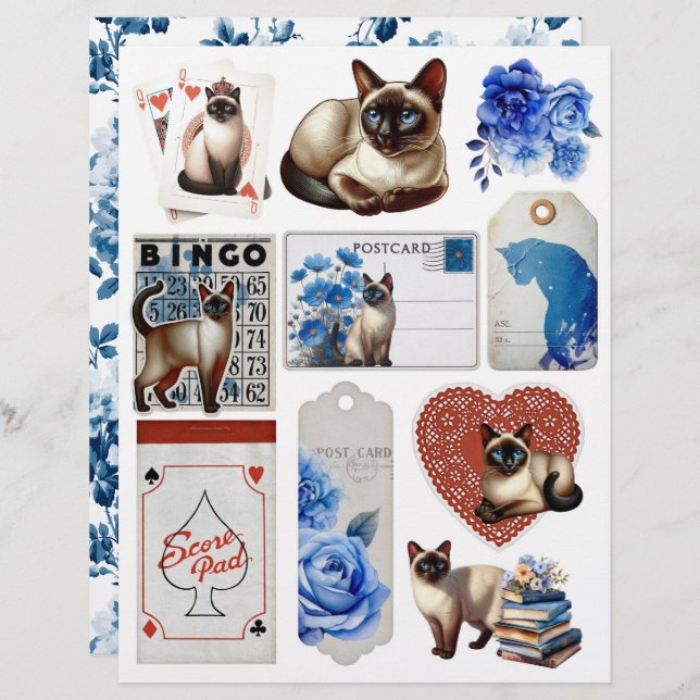 Beautiful Fussy Cuts with Siamese Cat & Blue Roses (Front/Back)
