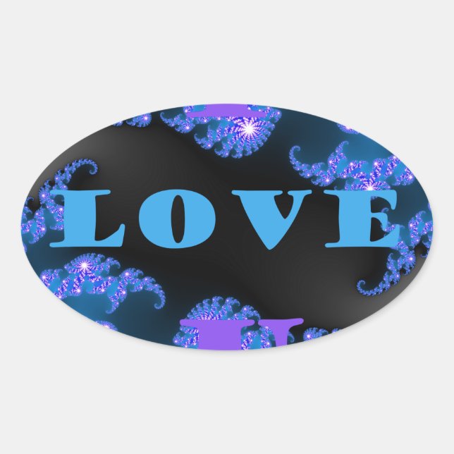 Beautiful Galactic Blue Love Text Pattern Design, Oval Sticker (Front)