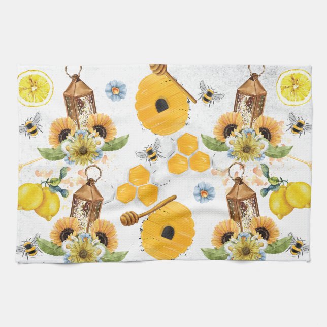Beautiful Garden Bee Sunflower Pattern Tea Towel (Horizontal)