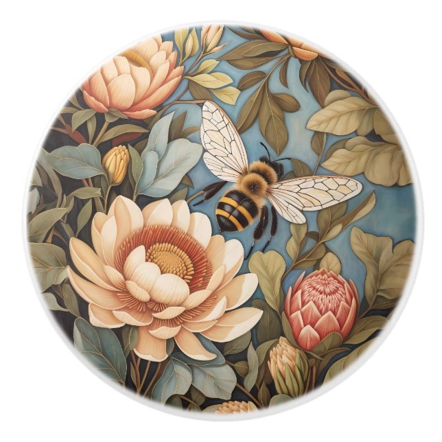 Beautiful Garden Bee With Protea Flowers Ceramic Knob (Front)