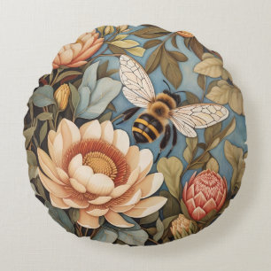 Beautiful Garden Bee With Protea Flowers Round Cushion