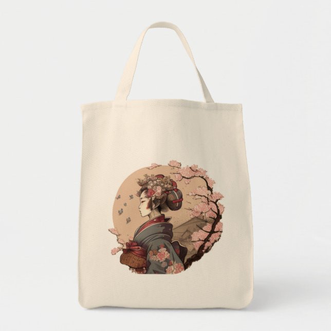 Beautiful Geisha Geiko Geigi Cherry Blossom Sakura Tote Bag (Front)