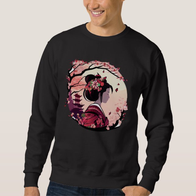 Beautiful geisha lady cherry blossom flowers pagod sweatshirt (Front)