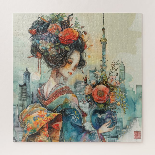 Beautiful Geisha with Flowers Jigsaw Puzzle (Vertical)