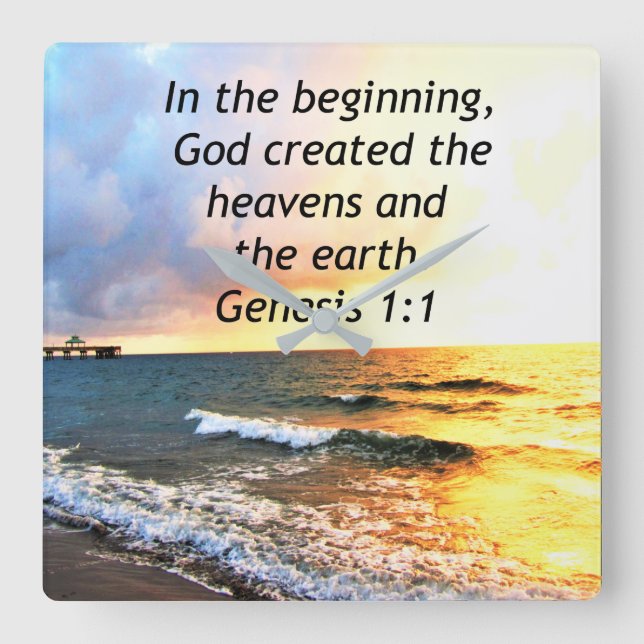 BEAUTIFUL GENESIS 1:1 BIBLE QUOTE DESIGN SQUARE WALL CLOCK (Front)