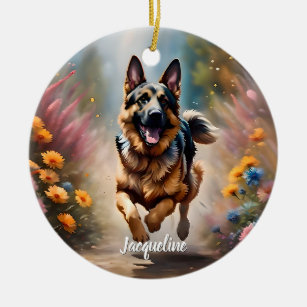 Beautiful German Shepherd Dog & Flowers Ceramic Ornament