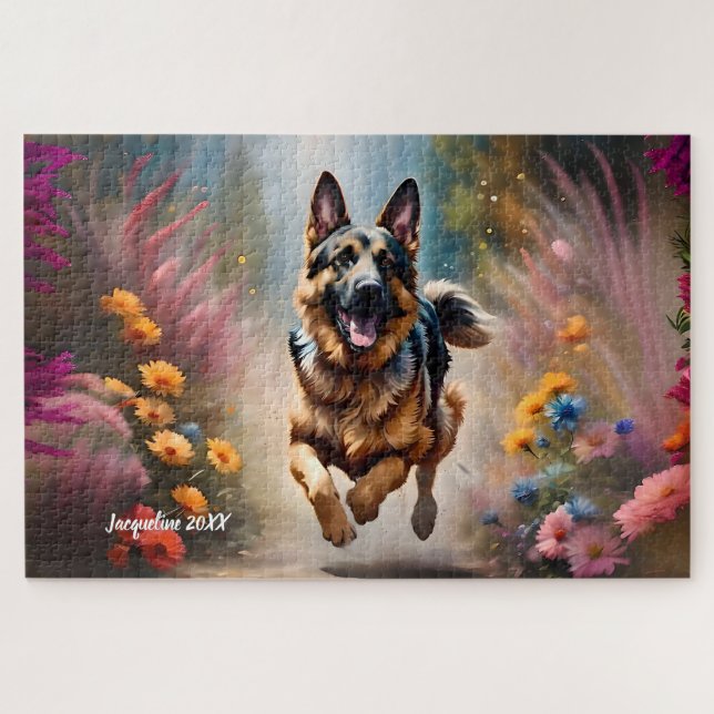 Beautiful German Shepherd Dog & Flowers Jigsaw Puzzle (Horizontal)