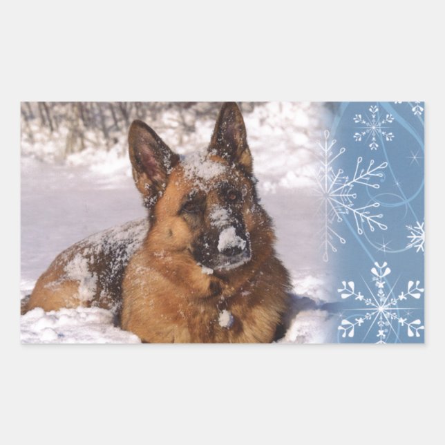 Beautiful  German Shepherd Dog in snow Rectangular Sticker (Front)