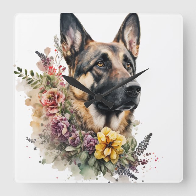 BEAUTIFUL GERMAN SHEPHERD DOG WITH WILDFLOWERS SQUARE WALL CLOCK (Front)
