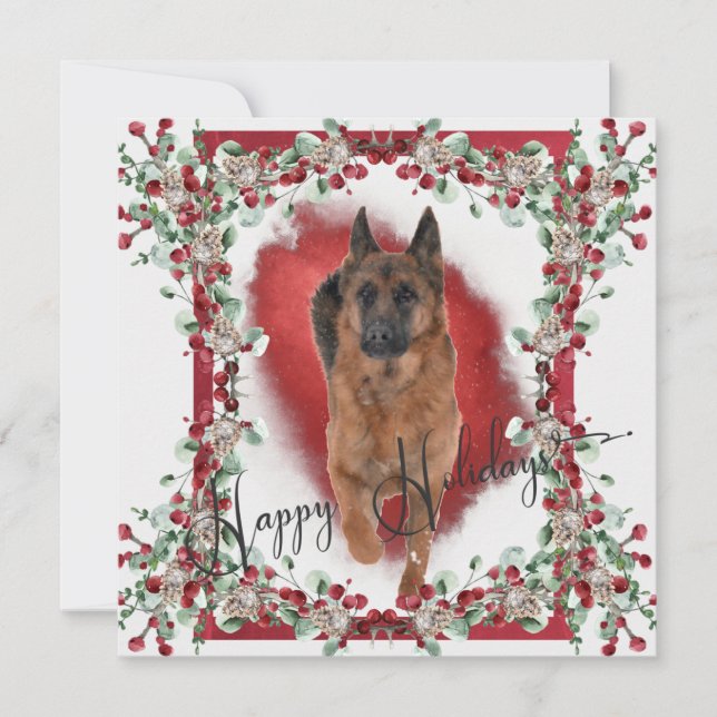 Beautiful German Shepherd with Holly Berries Holiday Card (Front)