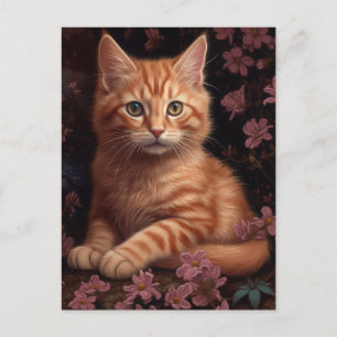 Beautiful Ginger Kitten With Pink Flowers Postcard