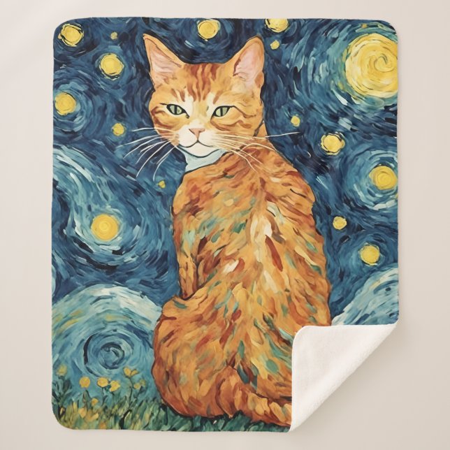 Beautiful Ginger Tabby Cat in the Starry Night Sherpa Blanket (Front)