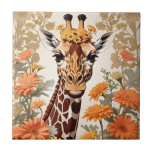 Beautiful Giraffe and Gerbera Daisy Flowers Ceramic Tile