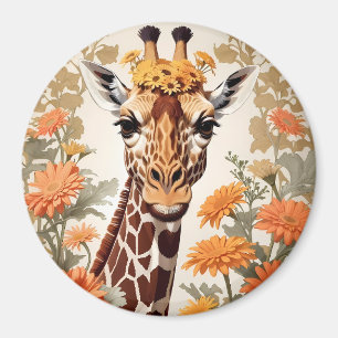 Beautiful Giraffe and Gerbera Daisy Flowers Magnet