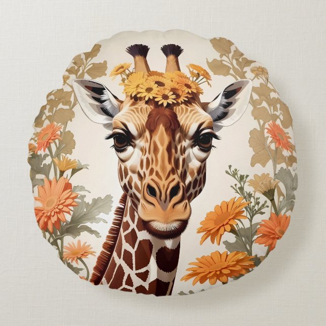 Beautiful Giraffe and Gerbera Daisy Flowers Round Cushion (Front)