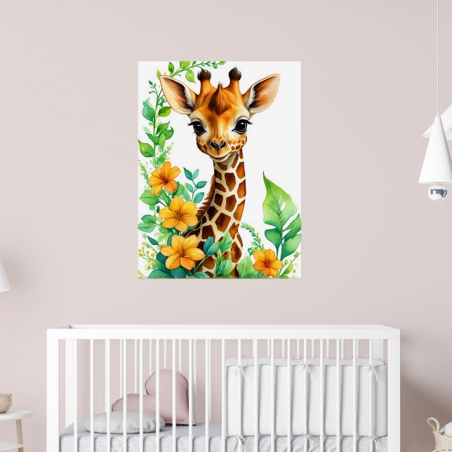 Beautiful Giraffe Animal With Orange Flowers Poster (Nursery 2)
