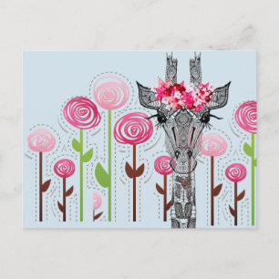 Beautiful giraffe with flower crown in garden postcard