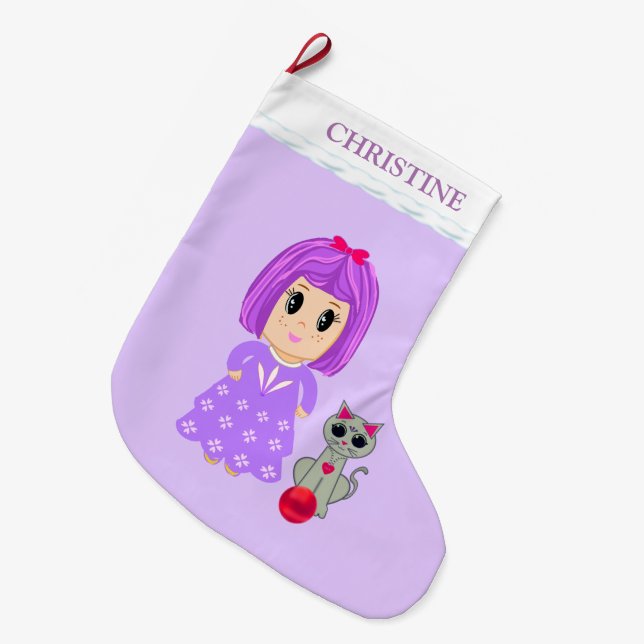 Beautiful  Girl and Cat Large Christmas Stocking (Front (Hanging))