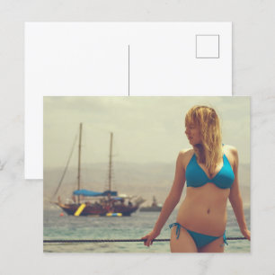 Beautiful girl at beach postcard