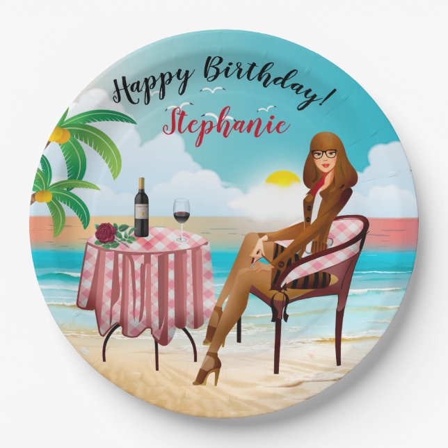 Beautiful Girl At The Beach Birthday Paper Plate (Front)