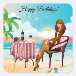 Beautiful Girl At The Beach Birthday Square Sticker