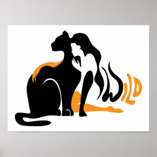 Beautiful girl, big black cat Panther illustration Poster