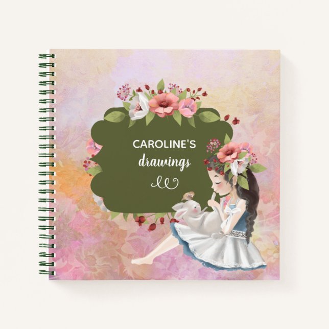 Beautiful Girl, Bunny and Flowers Notebook (Front)