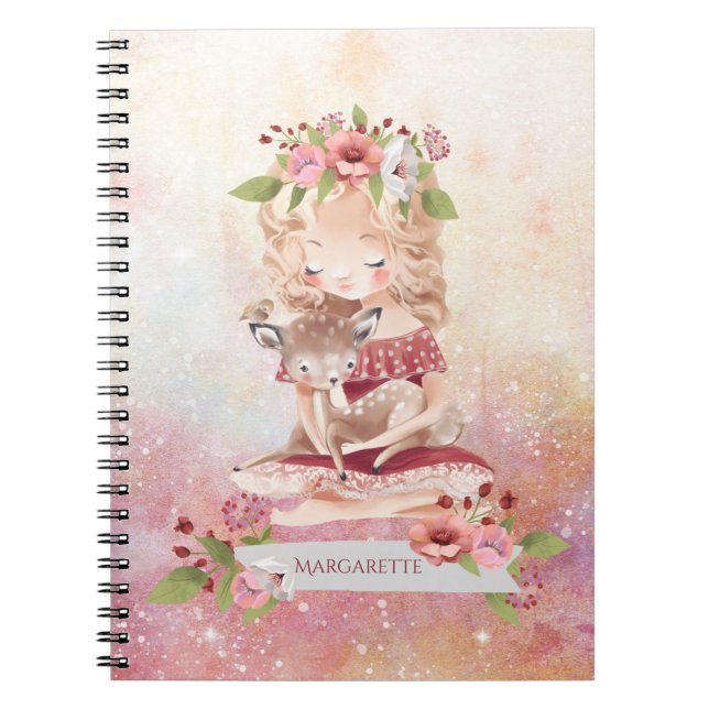 Beautiful Girl Deer Lovely Illustration Vintage Notebook (Front)