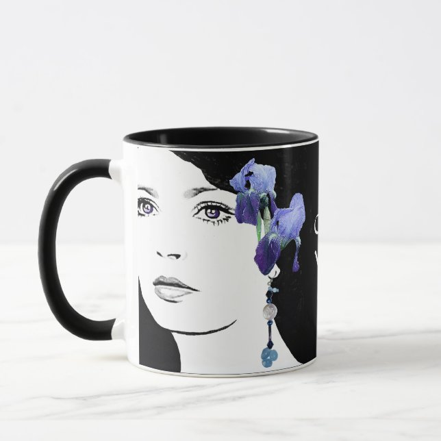 Beautiful girl face blue iris floral fashion glam mug (Left)