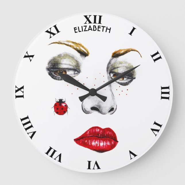 Beautiful Girl Face Drawing With Ladybug Large Clock (Front)