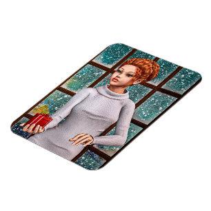 Beautiful Girl Holding a Christmas Gift Magnet
